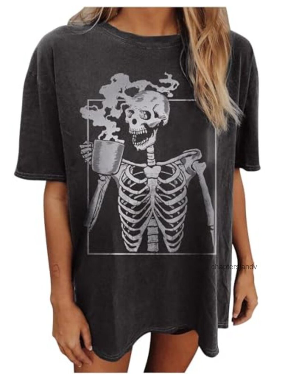 Oversized Hot Coffee Skeleton Graphic Tee Women Halloween Skull Shirt Loose Fit